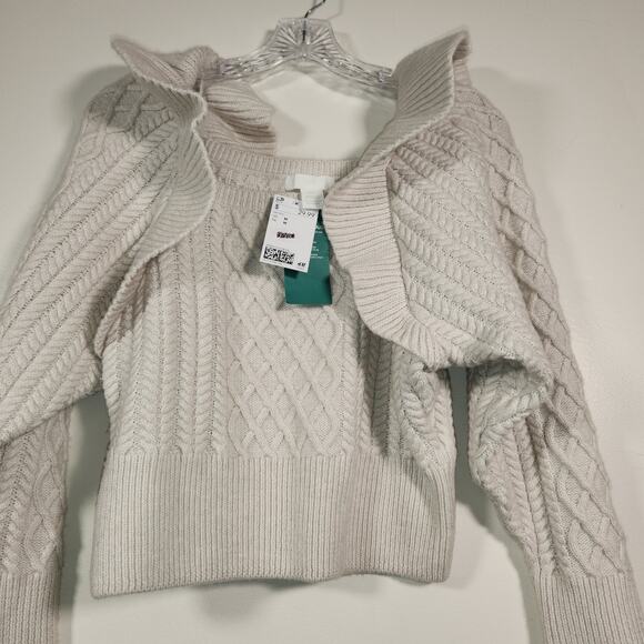 H&M Cream Sweater Womens M Cable Knit Ruffle Shoulder Cropped Neutral Cozy Boho - Picture 7 of 9